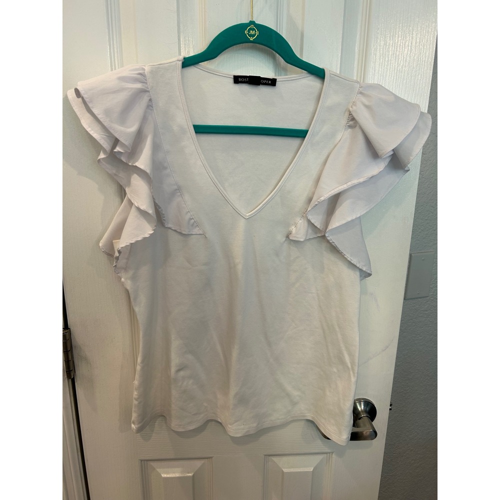 Boston Proper V-Neck Top White Ruffle Sleeve Cotton Stretch Knit Blouse L